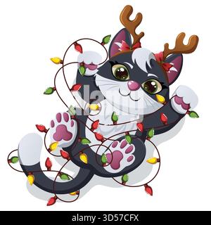 Playful Christmas Kitten Character Wearing Reindeer Antlers and Playing with Colorful String Lights Lying Down. Top View Detailed Cartoon Illustration Stock Vector