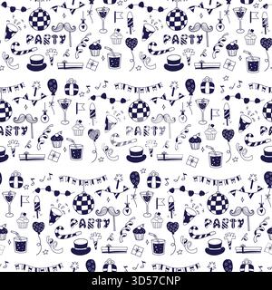Seamless Pattern with Party Celebration Doodle on White Background. Holiday Hand Drawn Doodles template. Vector illustration. Not AI Stock Vector