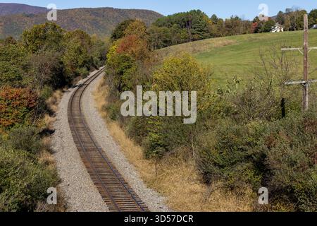 Empty train tracks going through hilly farmland landscape Stock Photo