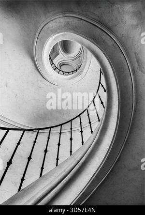 Monochrome spiral staircase inside Cathedral of Assumption of Our Lady and St. John the Baptist at Sedlec, Kutna Hora, Czechia Stock Photo