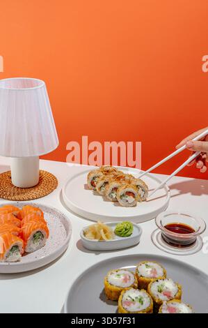 sushi set on a bright background Stock Photo