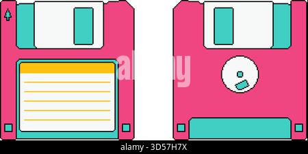 Retro pink floppy disk set in pixel art style. Vector front and back view Stock Vector