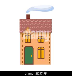Cozy building with smoke coming from the chimney. Hand-drawn house in flat style. Residential estate, cottage, or villa. Stock Vector