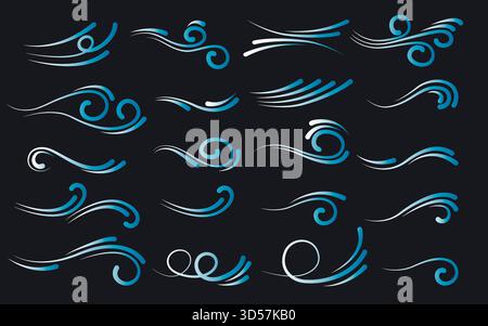 Icon set depicting waves and water movement. Swirls, curves, and liquid flows. Blue water flow lines, vector elements Stock Vector