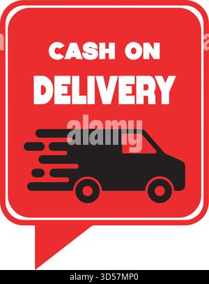 Cash on Delivery vector icon with fast moving delivery truck sticker on red background Stock Vector