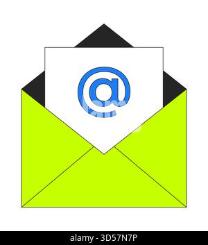 Open email envelope with at symbol 2D cartoon object Stock Vector