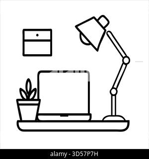 Minimal Home Office Line Icons – Laptop, Coffee Cup, Notebook & Workspace Elements Stock Vector