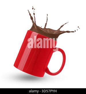 Tasty cocoa drink splashing in cup against white background Stock Photo