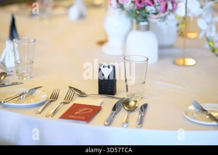 Close-up of a place setting on a table at a wedding Stock Photo