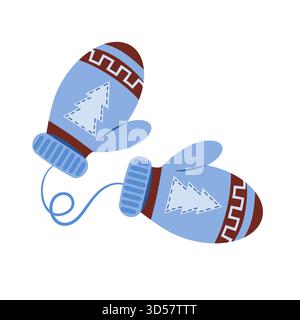 Cute blue mittens in flat style. Hand-drawn knitted winter clothing element. Cozy and warm clothing. Stock Vector
