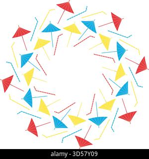 Colorful Cocktail Umbrellas and Striped Straws Minimalist Flat Design Circle Frame border Copy space. Isolated Vector illustration Bartender Day Greeting, Bar Thematic Cards Party invite Menu Template Stock Vector