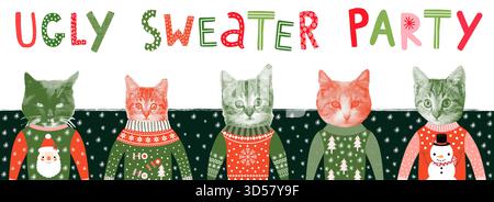 Vintage Hipster Ugly Christmas Sweater Party Banner, Invitation or Poster with Funny Halftone Cat Design and Hand Drawn Lettering Stock Vector