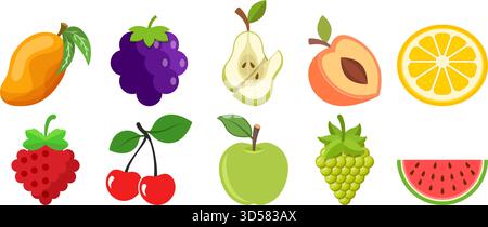 Natural tropical fruits icon set collection in flat style. Tropical plant vector illustration on isolated background. Healthy food sign business conce Stock Vector