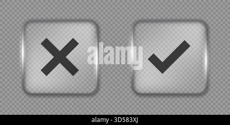Liquid glass check mark and cancel cross vector frame in glassmorphism style. Rectangular glass complete task vector illustration on isolated backgrou Stock Vector