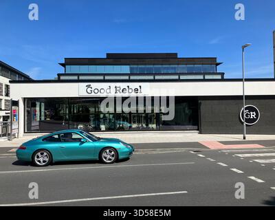 British Channel Isles. Guernsey. St. Peter Port. Roadside view of Good Rebel restaurant in Admiral Park. Stock Photo