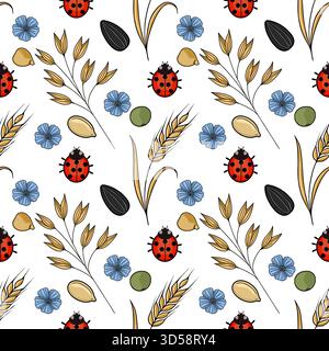 Seamless vector pattern of ladybugs, flax flowers, wheat stalks, and sunflower seeds on a white background, evoking a cheerful harvest theme. Stock Vector