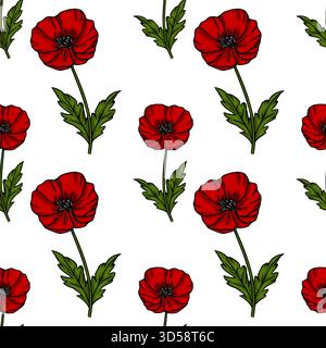 Seamless vector pattern of vibrant red poppies with green leaves on a white background, featuring a hand-drawn illustration style. Stock Vector