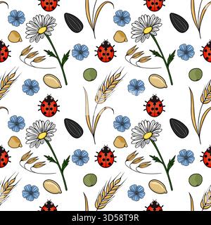 Seamless vector pattern featuring ladybugs, daisies, flax flowers, wheat stalks, sunflower seeds, and peas, evoking a charming garden harvest theme. Stock Vector