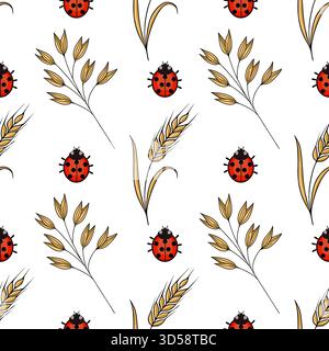 Seamless vector pattern of charming ladybugs and golden wheat stalks on a clean white background, evoking a sense of rural harmony and simple beauty. Stock Vector