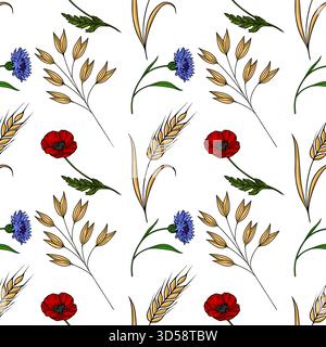 Seamless vector pattern of stylized wheat stalks, vibrant red poppies, and delicate blue cornflowers on a white background. Stock Vector