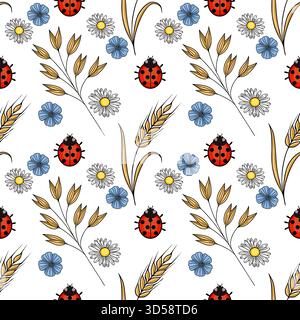 Charming vector seamless pattern with whimsical ladybugs, delicate daisies, and flax flowers amidst golden wheat stalks on a clean white background. Stock Vector