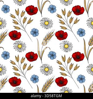 Seamless vector pattern of vibrant red poppies, delicate blue flax flowers, and golden wheat stalks interspersed with white daisies on a clean white b Stock Vector