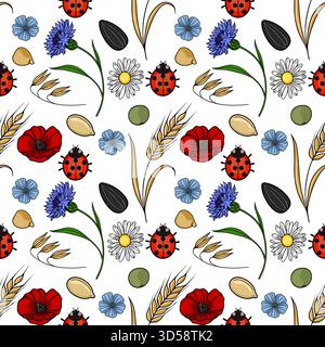 Seamless vector pattern featuring ladybugs, poppies, cornflowers, daisies, flax flowers, wheat ears, and various seeds on a white background. Stock Vector
