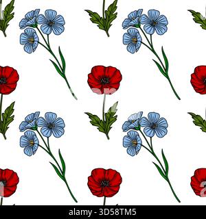 Seamless vector pattern of delicate blue flax flowers and bold red poppies with green leaves on a white background. Stock Vector
