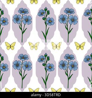 Seamless vector pattern featuring delicate blue flax flowers and charming yellow butterflies against a soft lavender ornate background. Stock Vector
