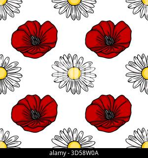 Seamless vector pattern of vibrant red poppies and delicate white daisies with yellow centers, set against a clean white background, evoking a charmin Stock Vector