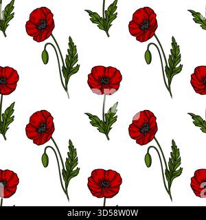 Seamless vector pattern of vibrant red poppies with green leaves and buds, offering a delicate botanical illustration for decorative backgrounds. Stock Vector