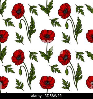 Seamless vector pattern of vibrant red poppies with green leaves and buds on a white background, showcasing a delicate floral illustration. Stock Vector