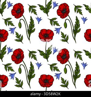 Vibrant red poppy and blue bellflower seamless vector pattern with green foliage accents. Stock Vector