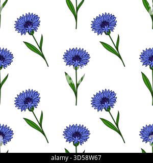 Seamless vector pattern of blue cornflowers with green stems and leaves on a white background, showcasing delicate floral illustration. Stock Vector