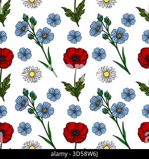 A vibrant seamless vector pattern featuring delicate blue flax flowers, bold red poppies, and cheerful white daisies with yellow centers, set against Stock Vector