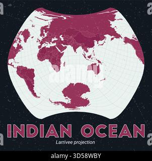 Indian Ocean. World map. Larrivee projection centered to Indian Ocean. Pale Mint Dark Pink palette. Vintage texture. Stylish vector illustration. Stock Vector