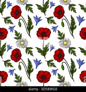 Seamless vector pattern of vibrant red poppies, delicate white daisies, and blue bellflowers with lush green foliage on a clean white background. Stock Vector