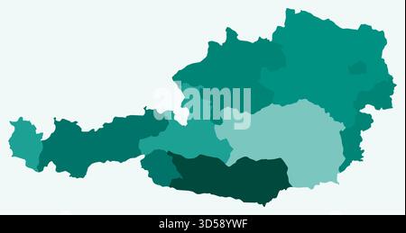 Map of Austria with regions. Just a simple country border map with region division. Teal color palette. Stock Vector