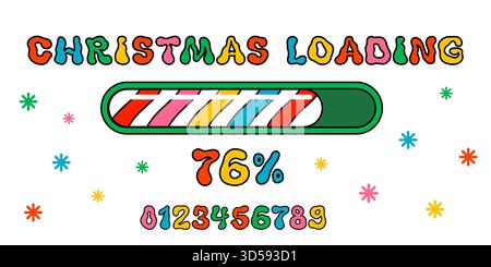 Christmas groovy loading bar with colorful candy stripe progress and bold retro letters. Festive countdown design for playful xmas banners, holiday UI Stock Vector