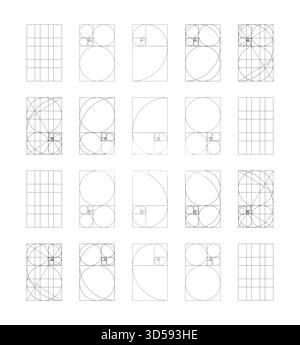 Golden ratio template big set. Fibonacci array, numbers form. Method golden section samples. Golden Spiral. Harmony proportions simple black frames Stock Vector