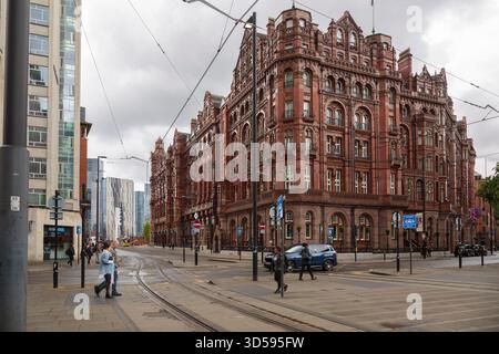 A view of the Midland hotel looking across the tram tracks in st Peters square Stock Photo