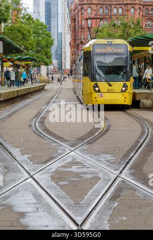 Metrolink trams in the station at st Peters square Manchester Stock Photo