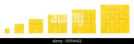 Yellow wooden cubes, arranged in squares, visualizing square numbers and perfect squares from 1 to 6. For example, the square number of six is 36. Stock Photo