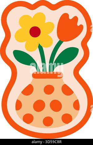Cartoon orange vase with polka dots and yellow red flowers in frame flat floral illustration Stock Vector
