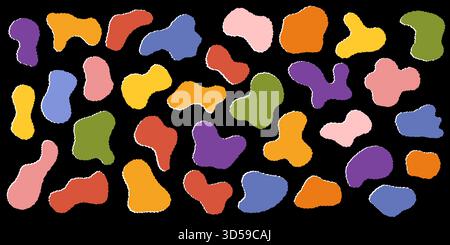 Assorted colorful blob amoeba liquid shapes with torn jagged edges scattered on black background, abstract irregular decoration. Stock vector illustra Stock Vector