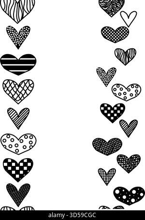 Heart shaped seamless border set. Big heart border decoration. Valentine's Day seamless border vertical. Vector graphic line black and white illustrat Stock Vector