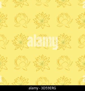Yellow lotus floral handmade seamless pattern, line drawing, Abstract botanical, minimalistic. Stock Vector