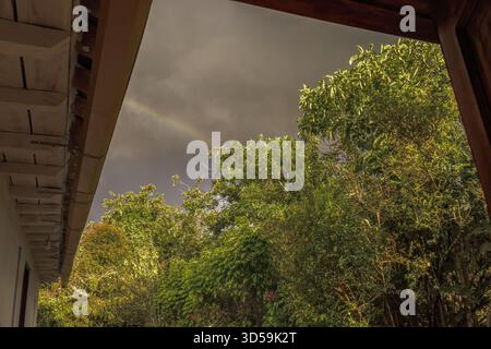 The canopy of the forest illuminated by the sunset light against a heavy overcast sky with a rainbow, as seen from the door of a farmhouse Stock Photo