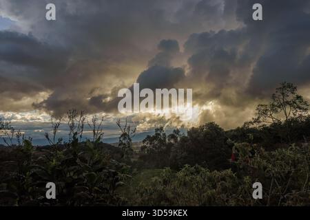 Dense thunderstorm clouds forming in the horizon at sunset over the forest, in the eastern Andean mountains of central Colombia Stock Photo