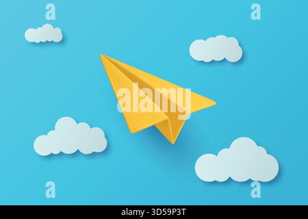 Vector 3d Realistic Yellow Paper Airplane Flying in Blue Sky Background. Paper Airplane for Education, Travel, Minimal Design. Clean Paper Airplane Stock Vector
